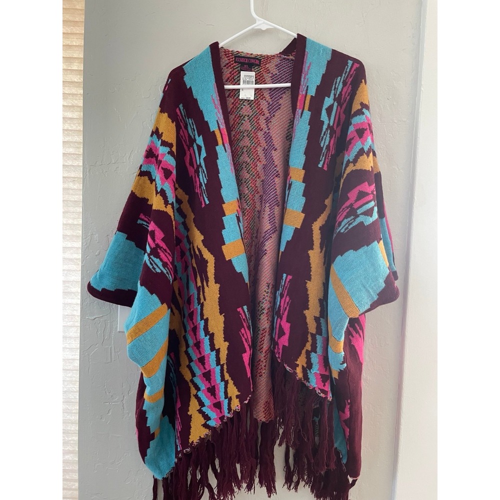 Rock N Roll CowGirl XL Waterfall Aztec  Striped Poncho Fringe Boho NWT
